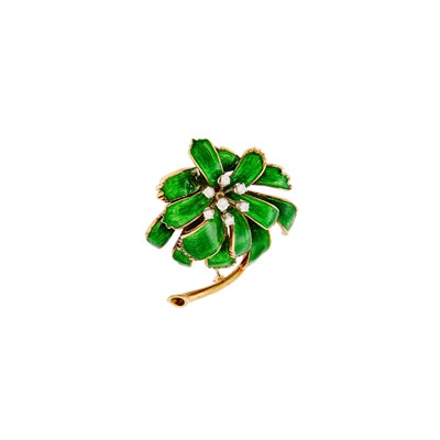 Lot 1216 - Martine Gold, Green Enamel and Diamond Flower Brooch