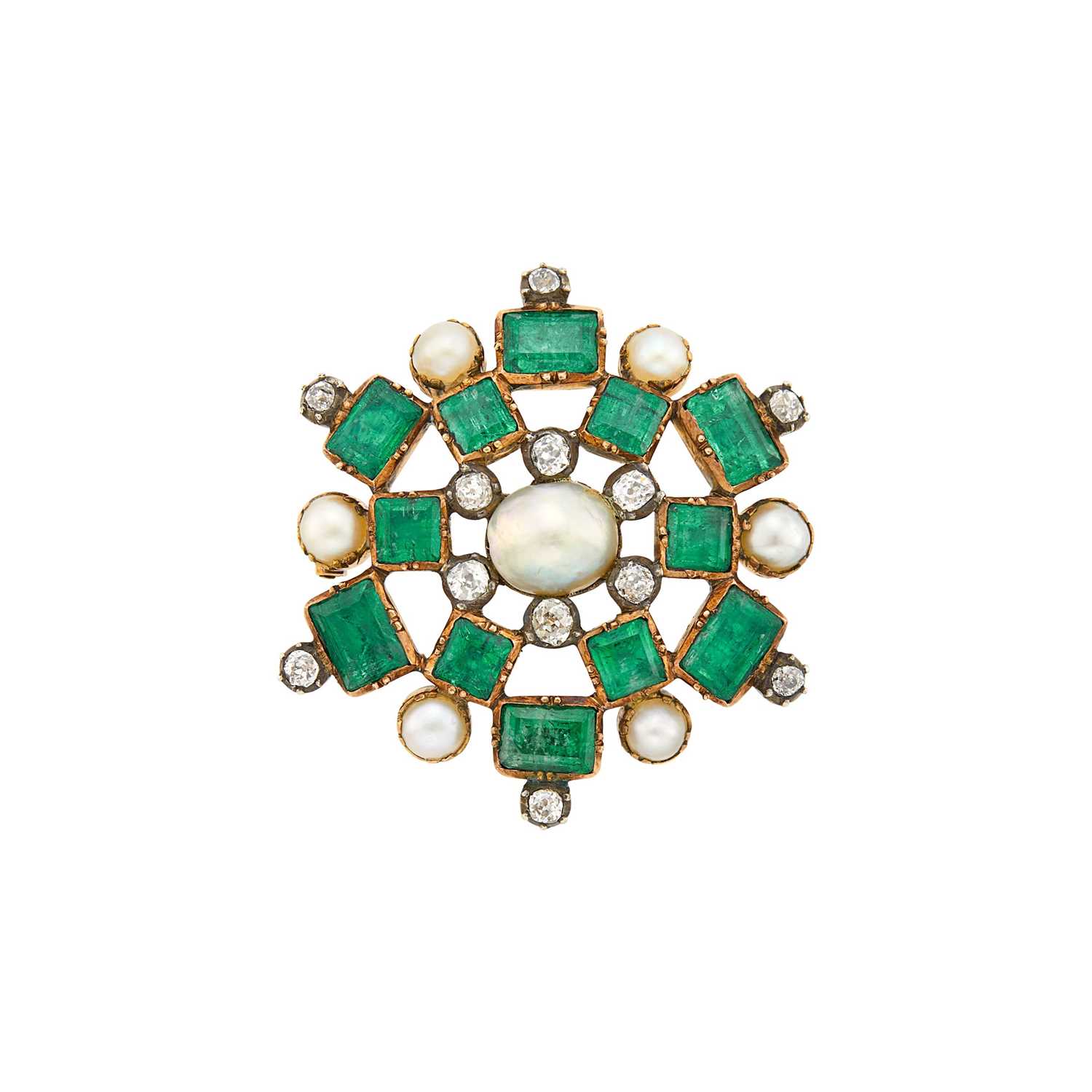 Lot 45 - Antique Gold. Silver, Emerald, Button Pearl and Diamond Pendant-Brooch