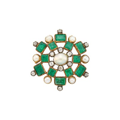 Lot 45 - Antique Gold. Silver, Emerald, Button Pearl and Diamond Pendant-Brooch