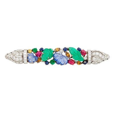Lot 1079 - White Gold, Carved and Cabochon Colored Stone, Diamond and Colored Diamond Brooch