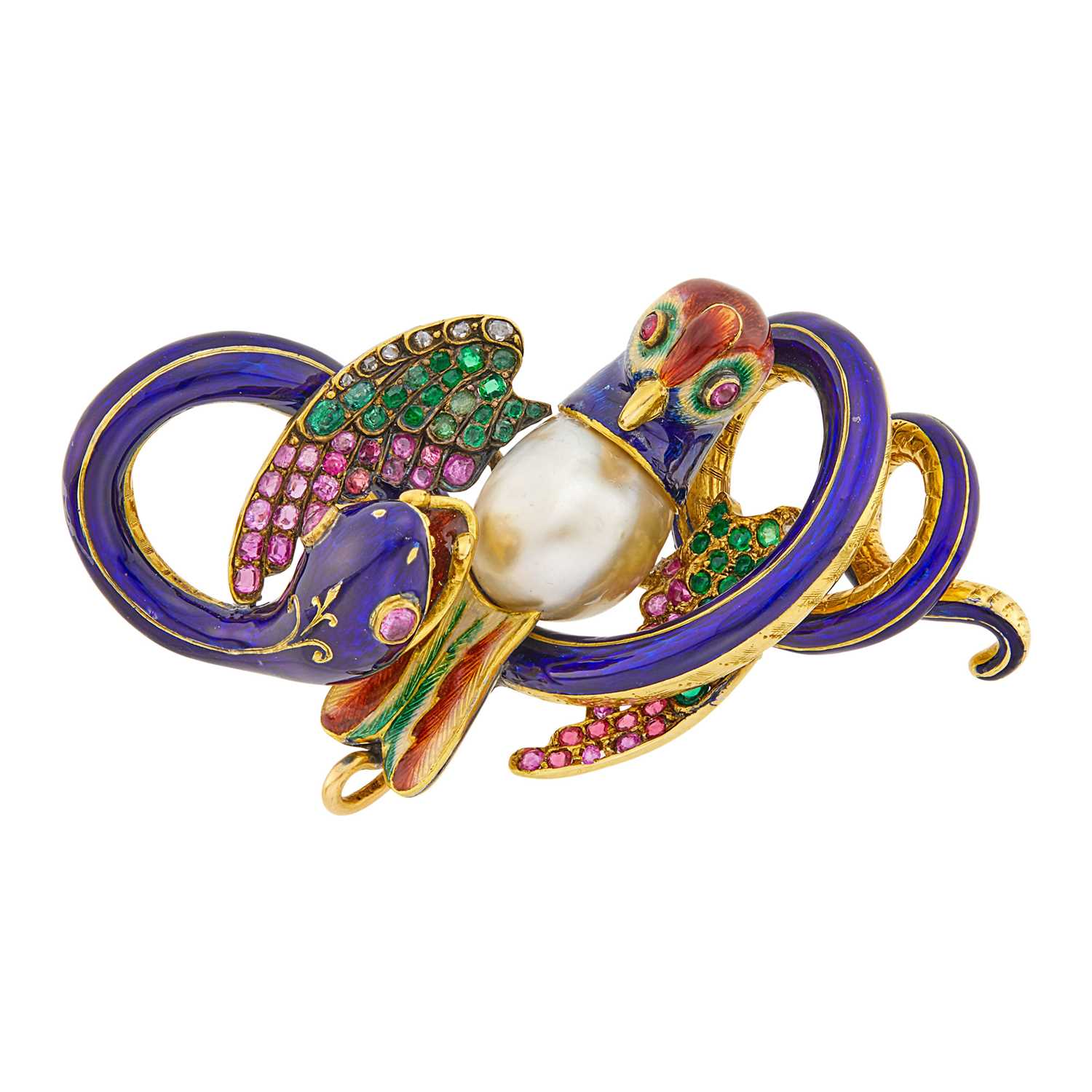 Lot 43 - Antique Gold, Enamel, Baroque Pearl, Gem-Set and Diamond Snake and Bird Pendant-Brooch, France