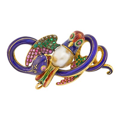 Lot 43 - Antique Gold, Enamel, Baroque Pearl, Gem-Set and Diamond Snake and Bird Pendant-Brooch, France