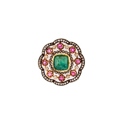Lot 2057 - Antique Silver, Gold, Cabochon Emerald, Pink Sapphire and Diamond Brooch