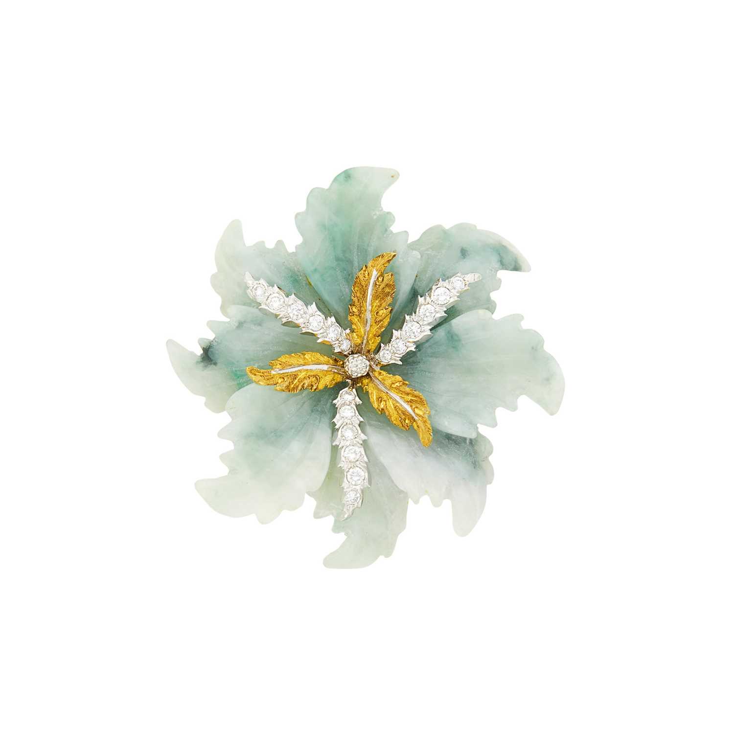 Lot 159 - Mario Buccellati Two-Color Gold, Carved Jade and Diamond Leaf Clip-Brooch