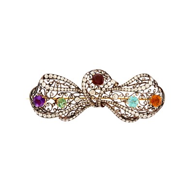 Lot 1181 - Antique Silver, Gold and Gem-Set Bow Brooch