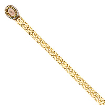 Lot 1179 - Antique Triple Strand Gold, Low Karat Gold and Seed Pearl 'Lover's Eye' Bracelet