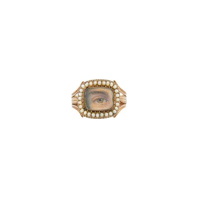Lot 1186 - Antique Low Karat Gold, Painted Porcelain and Split Pearl Lover's Eye Ring