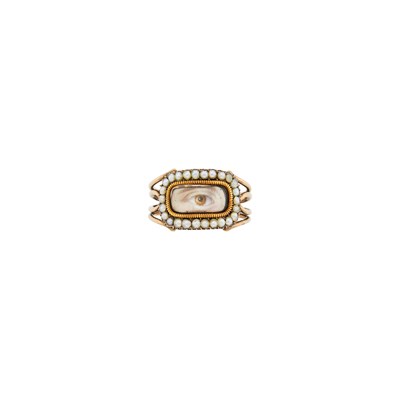 Lot 1183 - Antique Low Karat Gold, Painted Porcelain and Split Pearl Lover's Eye Ring