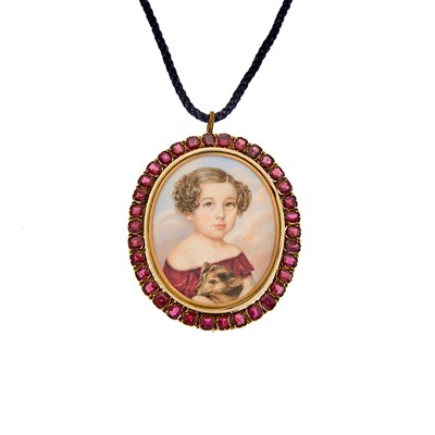 Lot 1195 - Gold, Painted Portrait and Garnet Pendant-Brooch with Cord Necklace