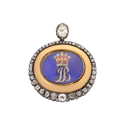 Lot 1193 - Antique Low Karat Gold, Silver, Cobalt Glass, Enamel and Diamond 'Lover's Eye' Pendant