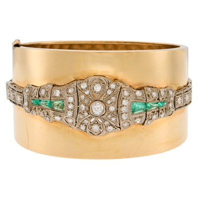 Lot 1099 - Wide Gold, Platinum, Cabochon Emerald and Diamond Cuff Bangle Bracelet