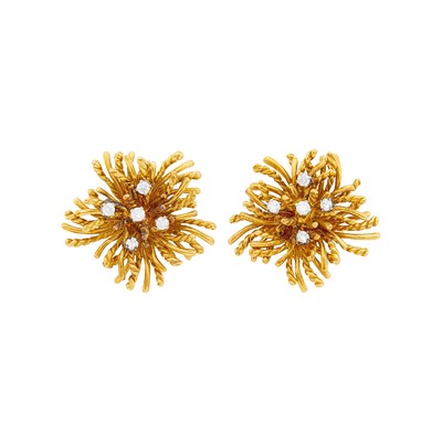 Lot 19 - Tiffany & Co. Pair of Gold and Diamond 'Anemone' Earclips