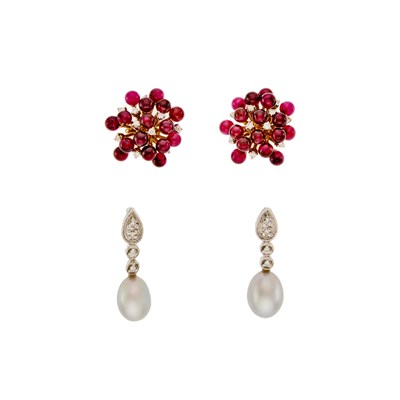 Lot 1239 - Pair of White Gold, Freshwater Pearl and Diamond Pendant-Earrings and Pair of Gold, Garnet Bead and Diamond Earrings