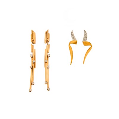 Lot 1266 - Pair of Gold and Diamond Pendant-Earrings and Tiffany & Co., Paloma Pair of Picasso Gold, Platinum and Diamond Earrings