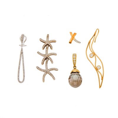 Lot 1231 - Group of Gold, White Gold and Diamond Single Earrings and Gray Cultured Pearl Pendant