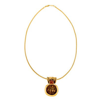 Lot 1025 - Gold, Bronze Coin, Tourmaline and Diamond Pendant with Chain Necklace