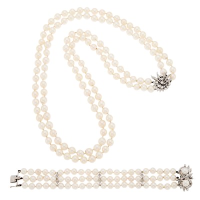 Lot 2136 - White Gold, Cultured Pearl and Diamond Necklace and Bracelet