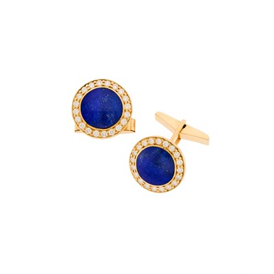 Lot 1212 - Pair of Gold, Lapis and Diamond Cufflinks