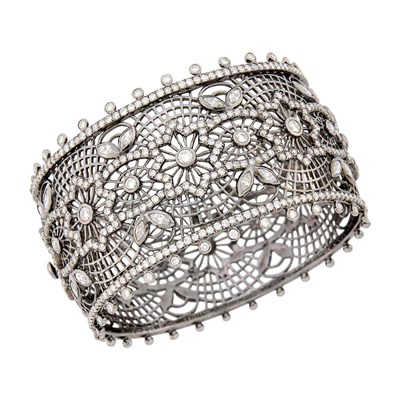 Lot 1071 - Blackened White Gold and Diamond Cuff Bangle Bracelet