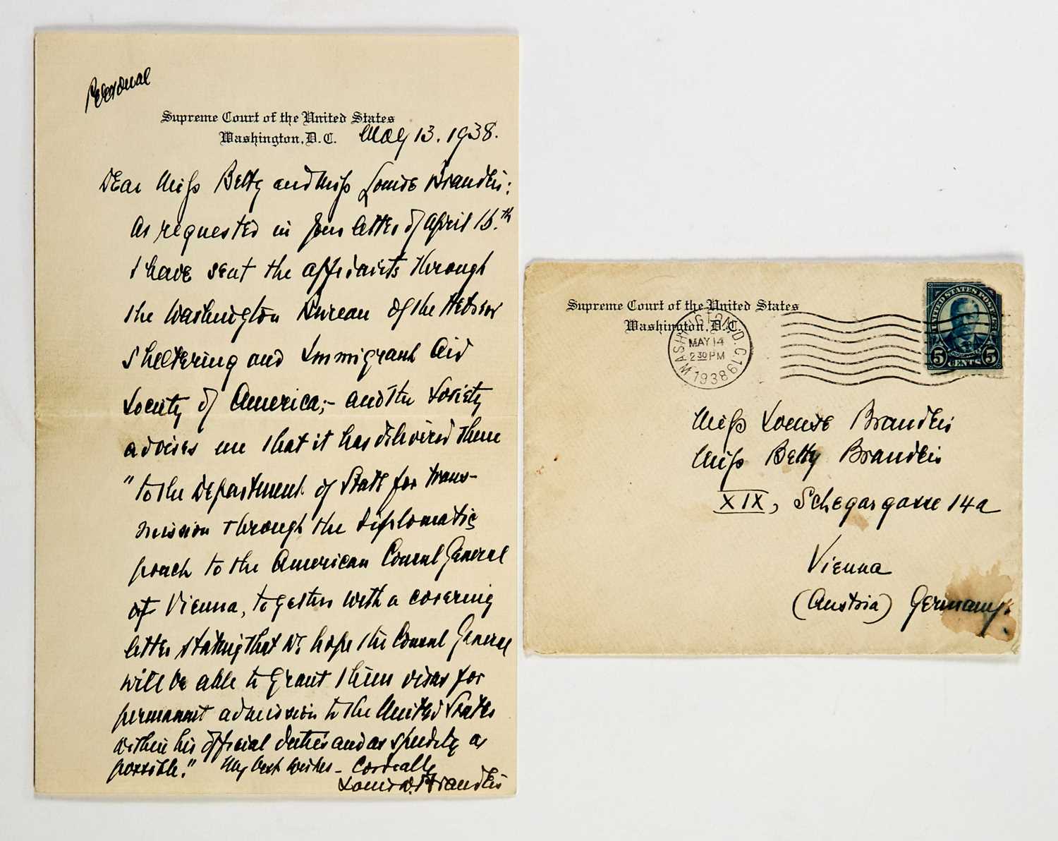 Lot 93 - Justice Brandeis aids his two cousins in Nazi occupied Austria