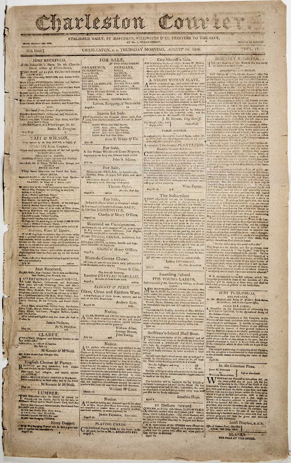 Lot 14 - An early issue of the Charleston Courier from 1806