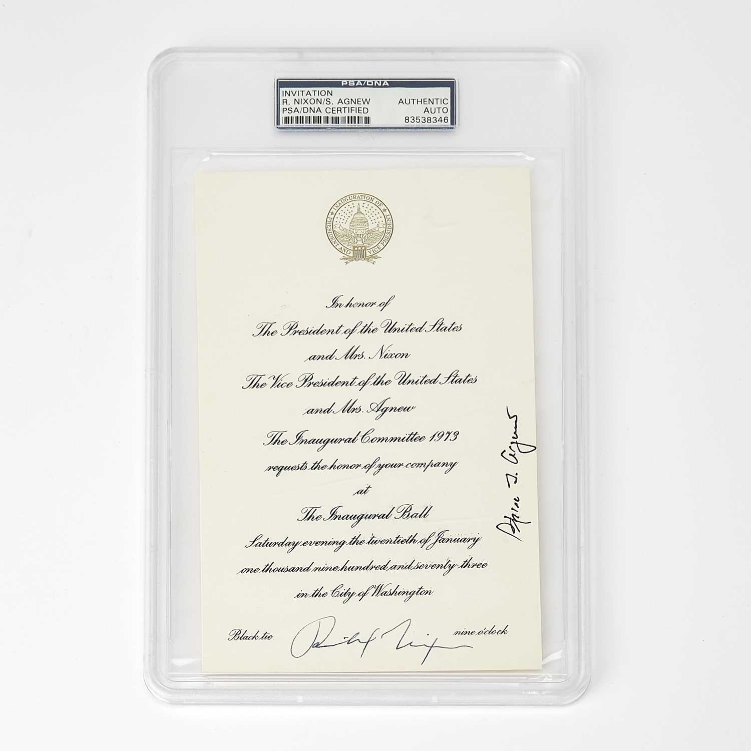 Lot 83 - The official invitation to the 1973 inaugural ball, signed by Nixon and Agnew