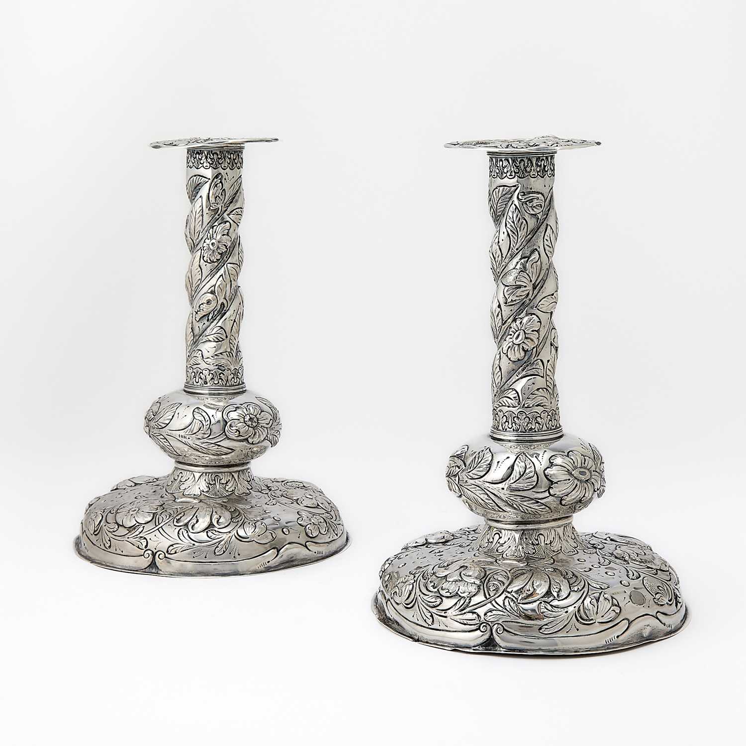 Lot 215 - Pair of Dutch Baroque Style Silver Candlesticks