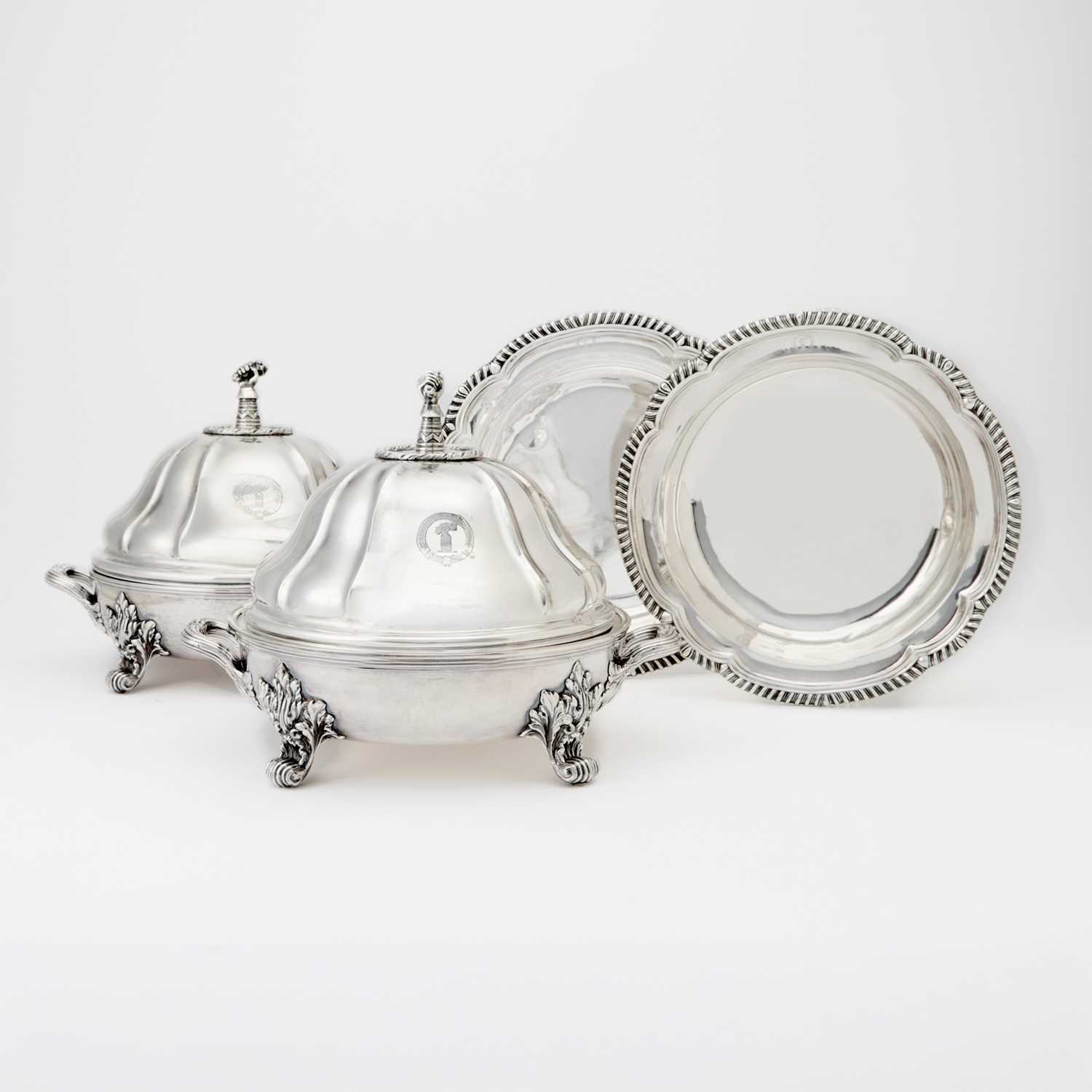 Lot 111 - Pair of Victorian Sterling Silver Covered Entree Dishes on Silver Plated Warming Stands