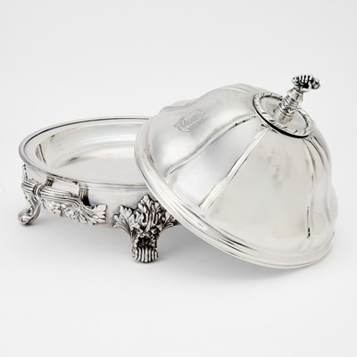 Lot 111 - Pair of Victorian Sterling Silver Covered Entree Dishes on Silver Plated Warming Stands