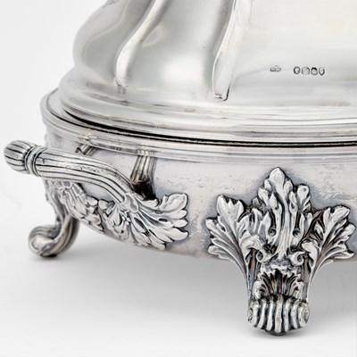 Lot 111 - Pair of Victorian Sterling Silver Covered Entree Dishes on Silver Plated Warming Stands