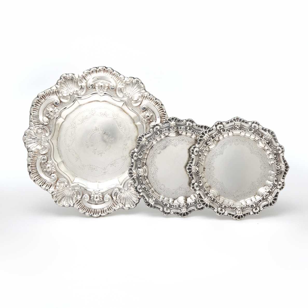 Lot 179 - Pair of Portuguese Silver Bottle Coasters and Larger Salver
