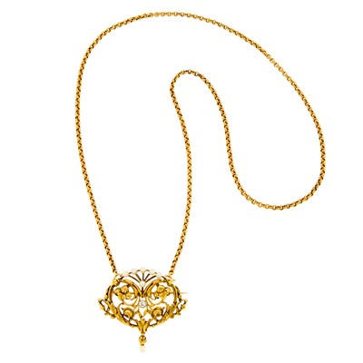 Lot 1193 - Gold, Seed Pearl and Diamond Floral Pendant-Brooch, France, with Gold Chain Necklace