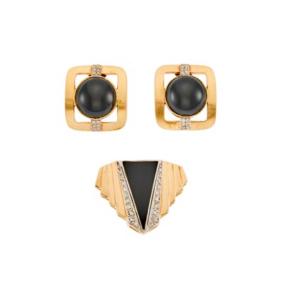 Lot 1079 - Pair of Gold, Black Onyx and Diamond Earrings and Gold and Palladium Enhancer