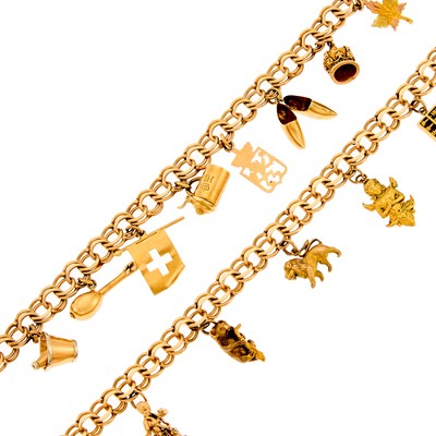 Lot 1104 - Two Gold Charm Bracelets