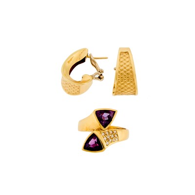 Lot 1074 - Pair of Gold Half Hoop Earrings with Gold, Amethyst and Diamond Ring