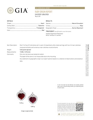 Lot 123 - Pair of White Gold, Jade Cabochon Ruby and Diamond Pendant-Earrings