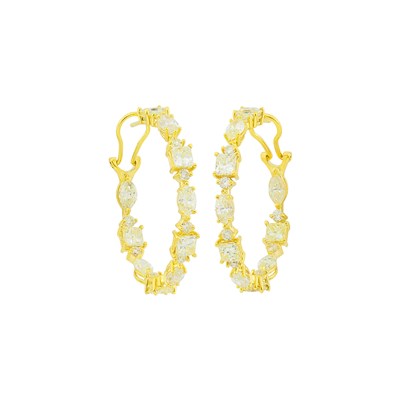 Lot 144 - Pair of Gold and Colored Diamond Hoop Earrings