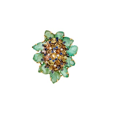 Lot 1236 - Gold, Carved Emerald, Colored Stone and Diamond Clip-Brooch