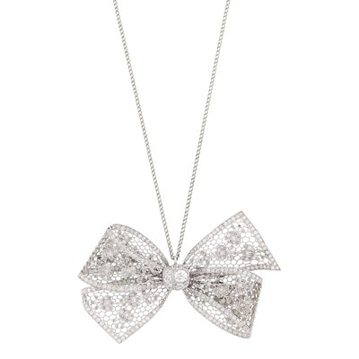 Lot 96 - Edwardian Platinum and Diamond Bow Pendant with White Gold Chain Necklace