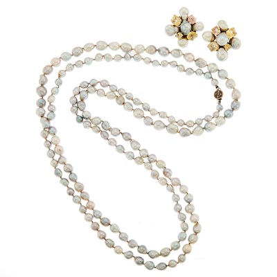 Lot 1238 - Long Tahitian Gray Baroque Cultured Pearl Necklace and Pair of White Gold and Colored Stone Earclips