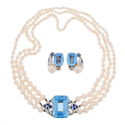 Lot 1107 - Triple Strand Cultured Pearl Necklace with Two-Color Gold, Platinum and Gem-Set Clasp and Pair of Earclips