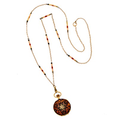 Lot 1196 - Gold and Guilloché Enamel Pendant-Watch