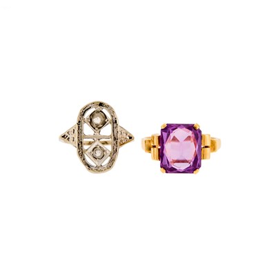 Lot 1264 - Two Gold, White Gold, Synthetic Purple Sapphire and Diamond Rings