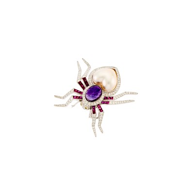 Lot 1116 - White Gold, Mabé Pearl, Cabochon Amethyst, Ruby, Colored Diamond and Diamond Spider Brooch