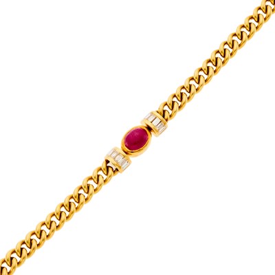 Lot 1051 - Gold, Cabochon Ruby and Diamond Curb Link Bracelet