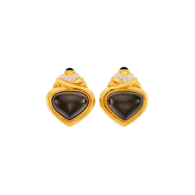 Lot 1019 - Pair of Two-Color Gold, Black Onyx and Diamond Earclips