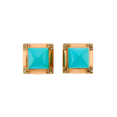 Lot 1084 - Pair of Rose Gold, Turquoise and Diamond Earrings