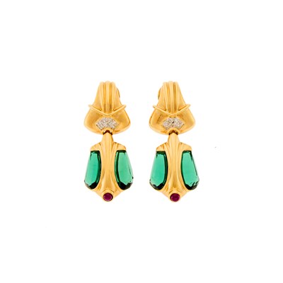Lot 1073 - Pair of Gold, Tourmaline, Cabochon Ruby and Diamond Pendant-Earrings