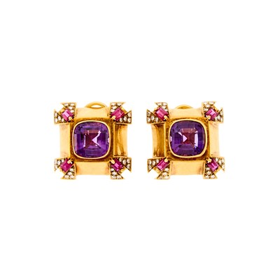 Lot 1087 - Pair of Gold, Amethyst, Ruby and Diamond Earclips