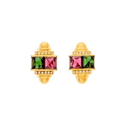 Lot 1004 - Pair of Gold, Pink and Green Tourmaline and Diamond Earrings